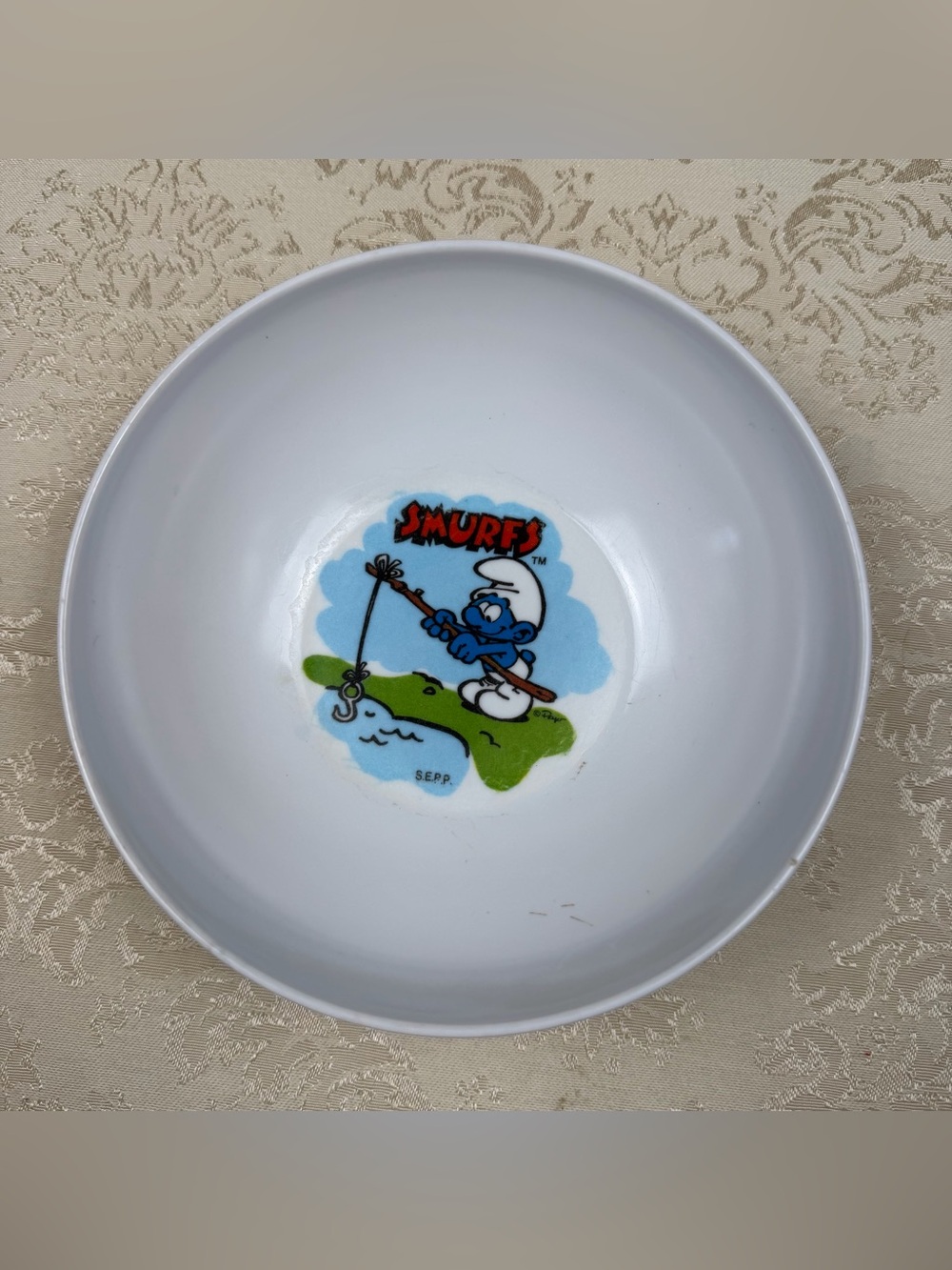 Vintage Smurfs White Hard Plastic Bowl,  Smurf Fishing Graphic, 1980’s, USA